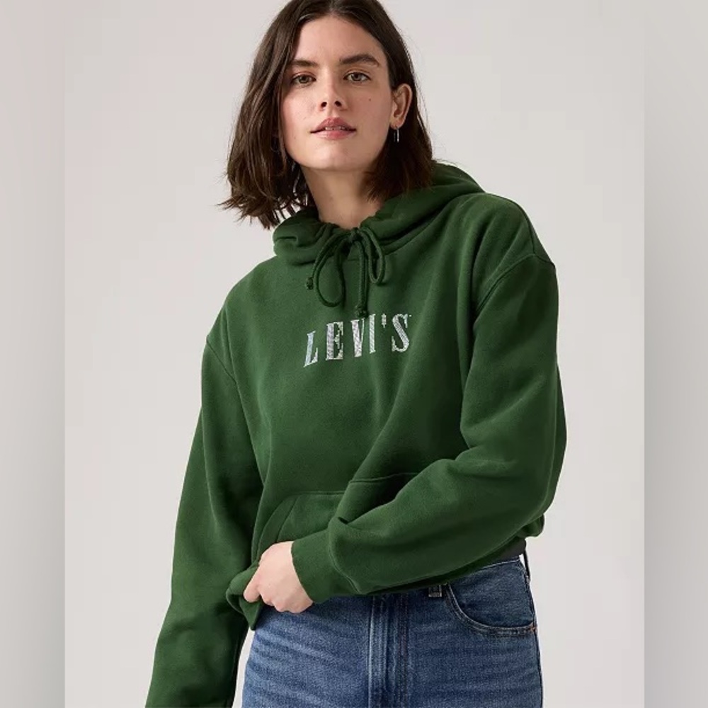 NWT Levi's Women’s Bedazzled Logo Hoodie Pocket Sweatshirt Forest Green XXL